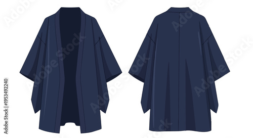 A plain dark blue open front kimono style jacket displayed in clear front and back views for stylish layering and comfortable daily wear with