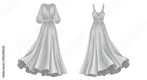 Elegant monochrome fashion illustration of two distinct flowing maxi dress designs with draped fabric