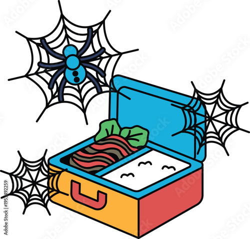 Spider webs hang near an open lunchbox