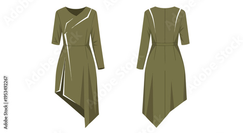 Elegant olive green midi dress with asymmetrical hemline and V-neck, a stylish fashion design flat vector illustration