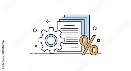 Technical documentation processing and industrial efficiency showing a mechanical gear next to a stack of files and percent.