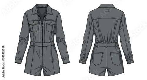 This detailed fashion illustration depicts a versatile women's utility-inspired short jumpsuit design perfect for casual wear and contemporary