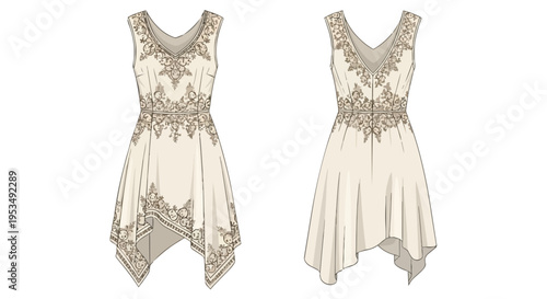 Detailed technical flat sketches of elegant sleeveless V-neck dresses, showcasing intricate pattern designs and fashionable handkerchief hemlines,