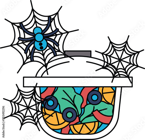 Spider webs decorate a vintage pot