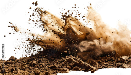 A cloud of brown dirt explodes outward, particles flying against a black background