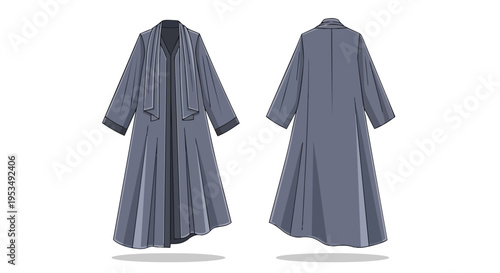 Elegant long flowing robe or open coat design flat vector illustration front and back view, perfect for fashion templates and creative projects,