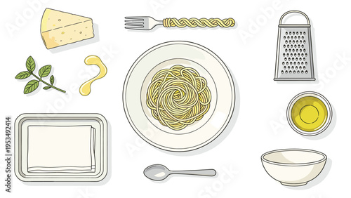 A beautifully arranged set elements various food and beverage collection featuring essential pasta ingredients and kitchen tools for Italian cooking