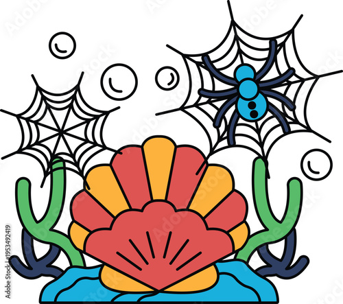 Underwater world with sea shells and bubbles