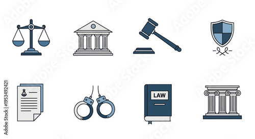 Law and Justice Symbols Icons Set.