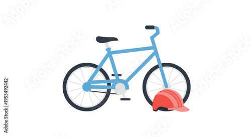 Blue bicycle with red helmet.