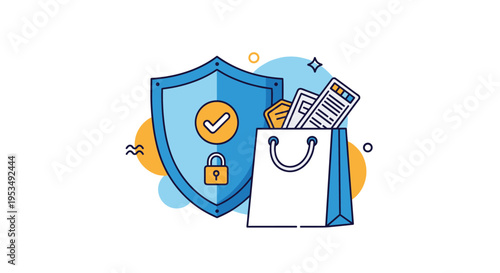 Data security and consumer protection in online retail featuring a protective shield next to a shopping bag full of papers.