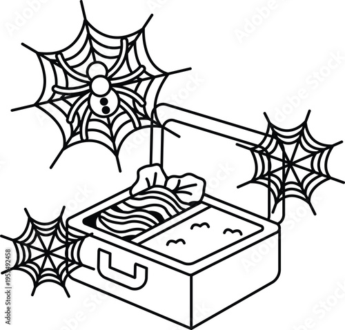Spider webs hang near an open lunchbox