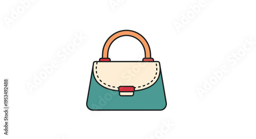 Teal colored handbag with brown handle.