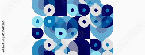 Abstract pattern using overlapping circles, squares. Shades include blues, grays, whites creating modern design. Minimalist aesthetic.