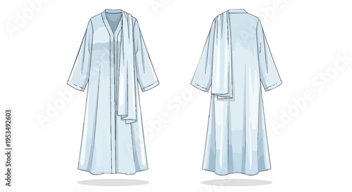 Elegant minimalist vector illustration of a flowing pale blue modest garment, perfect for cultural and religious wear, displaying both front and