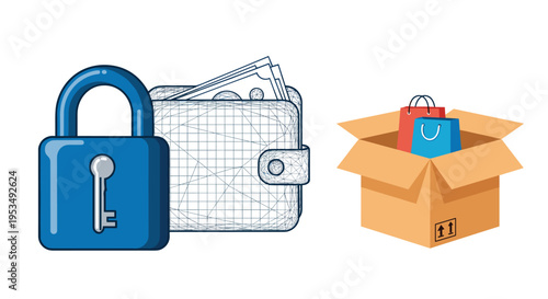 Secure online shopping concept featuring a blue padlock protecting a wallet with cash next to a package with shopping bags.