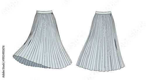 Elegant flowing pleated maxi skirt flat sketch garment illustration technical drawing showcasing classic fashion design details and a graceful