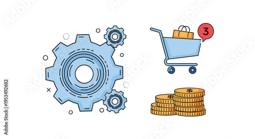 Complex mechanical gears paired with a loaded shopping cart and stacks of gold coins symbolizing ecommerce business processes.