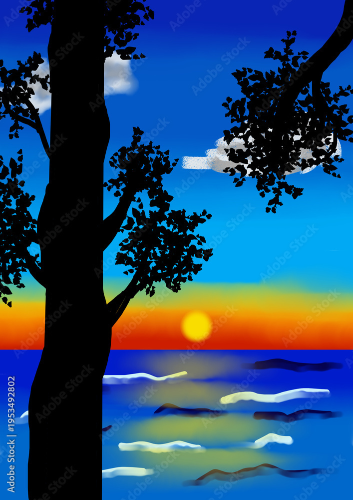 Fototapeta premium Sunset Beach with Silhouette Trees – Tropical Landscape Illustration