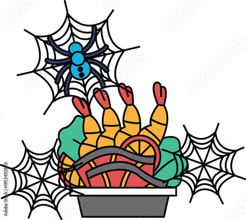 Spiders spin webs near a bowl of fruit