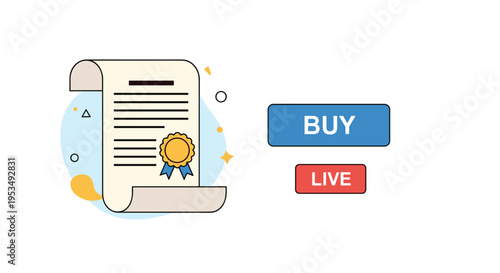Official certificate or legal document shown with call-to-action buttons for buying and live auction interaction online.