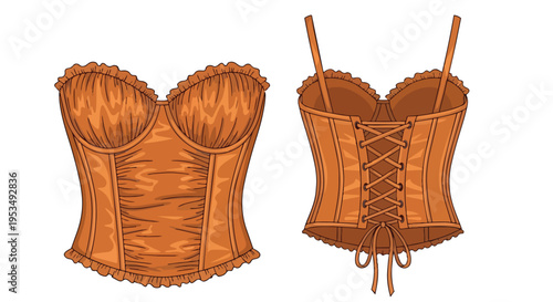 Detailed vector illustration of an elegant vintage-style brown corset with front and back views showing lacing and straps