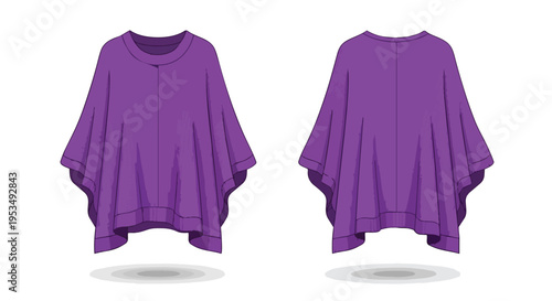 Detailed vector illustration of a comfortable purple poncho, featuring elegant wide draped sleeves and a simple rounded neckline, excellent for