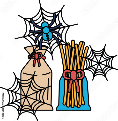 Spiders weave webs near bottles and sticks