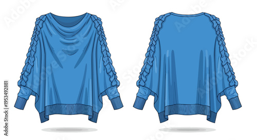 Stylish blue draped sweater illustration with unique braided shoulder details and ribbed cuffs, a versatile fashion design.