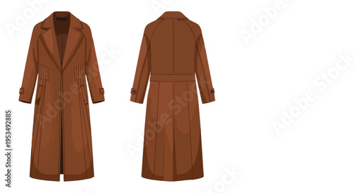Classic brown trench coat illustration featuring front and back views for versatile fashion design concepts