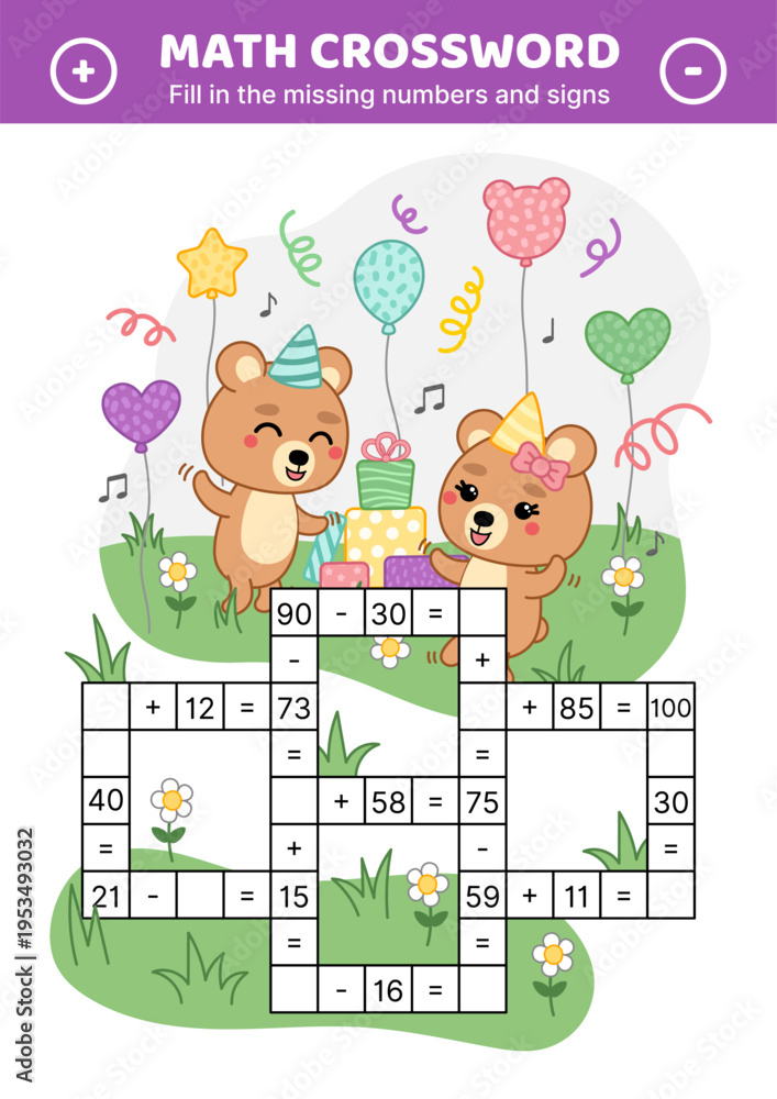 Obraz premium Math crossword. Bear. Addition, subtraction, multiplication, division. Fill in the missing numbers and signs. Solve the problem. Educational attention game for kids. Isolated vector illustration eps 1