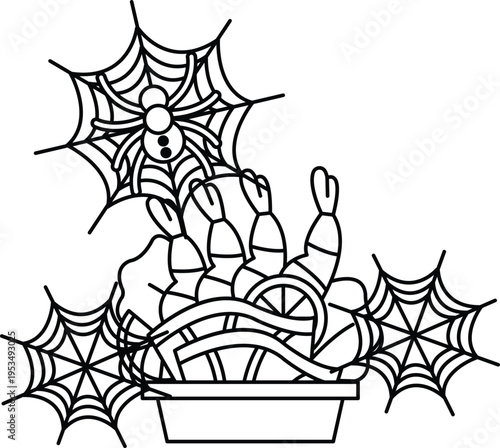 Spiders spin webs near a bowl of fruit