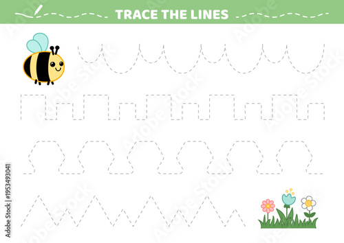 Trace the lines. Bee and flowers. Writing practice for kindergarten and preschool. Activity for kids. Education for toddler. Isolated vector illustration eps 10