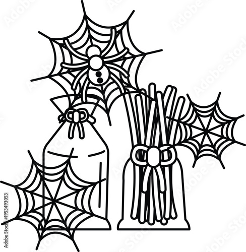 Spiders weave webs near bottles and sticks