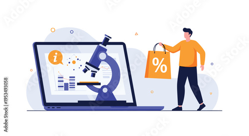 Scientific approach to shopping featuring a laptop with a microscope analyzing data and a man holding a discount bag.