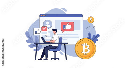 Content creator or freelancer working on a laptop with social media feedback and a large Bitcoin coin for payment.