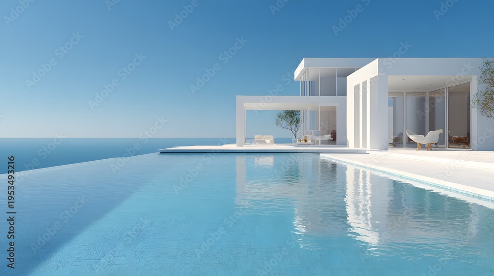 Fototapeta premium Luxury Modern White Villa with Infinity Pool Overlooking the Ocean.
