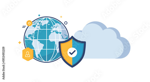 Global network security and data protection featuring a world globe, a shield with a checkmark, and cloud storage.