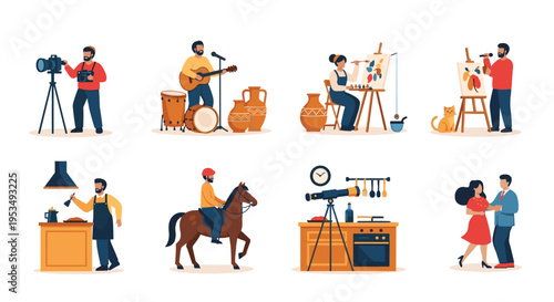 Diverse collection of people engaged in various lifestyle hobbies including music, art, sports, science, and dancing.