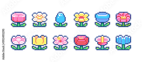 Pixel Art Flowers Set. Retro 8 Bit Floral Icon Pack with Tulip, Rose, Daisy, Bellflower, Lupine, Peony, Hibiscus, Poppy, Daffodil and Aster Vector Illustration for Game Assets, UI and Sticke