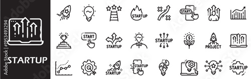 Black and white line icons of startup concepts and symbols on a white background for business and entrepreneurship themes