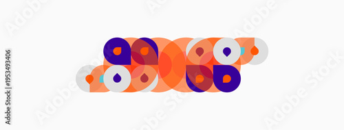 Abstract colorful circles overlap, creating playful pattern. Orange, purple hues dominate simple design. Modern aesthetic.