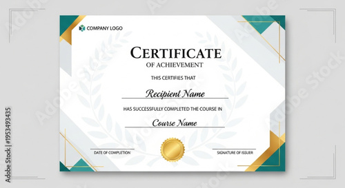 Elegant Certificate of Achievement Design Template for Formal Recognition and Educational Course Completion Award, Professional Diploma Layout with Decorative Accents