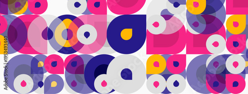Abstract pattern features overlapping circles. Colors include purple, pink, yellow, blue. Composition feels playful, modern.