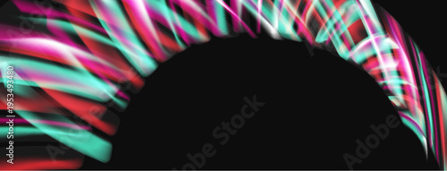 Abstract light streaks form curved shape over dark background. Vivid colors create dynamic visual effect.