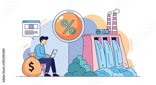 Financial analysis of industrial energy featuring a man at a laptop, a percentage icon, and a hydroelectric power dam.