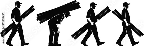 Construction workers carrying wooden planks silhouettes, manual labor concept, heavy load, industrial work, teamwork, minimal black white vector illustration design