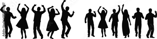 Dancing people silhouettes collection, party crowd celebration, music rhythm movement, joyful nightlife energy, social fun, minimal black white vector illustration
