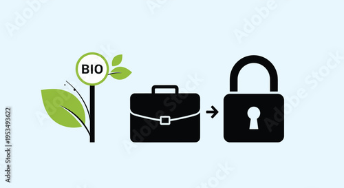 Eco-friendly business security concept featuring a bio plant symbol next to a briefcase and a secure padlock icon.