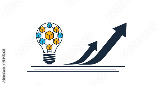 Innovative blockchain ideas and business growth featuring a lightbulb with connected blocks and upward rising arrows.